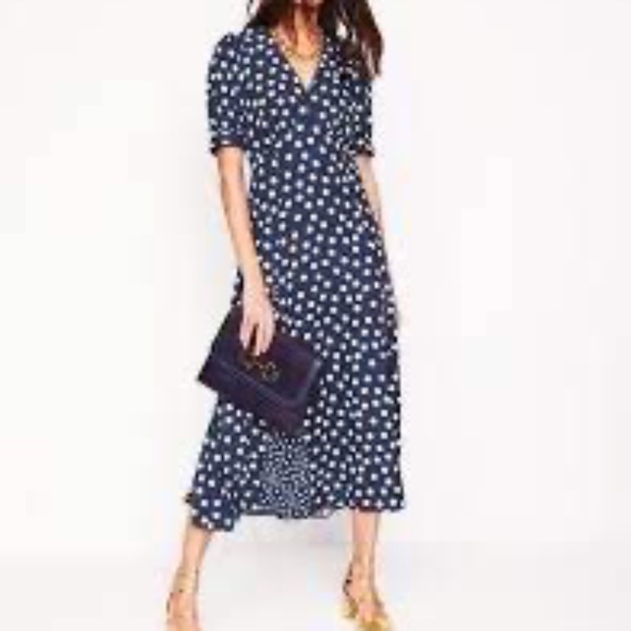 BODEN Rosie Godet Tea Dress 16-18 Navy Polka Dot Fit and Flare Pockets Lined - Picture 15 of 15